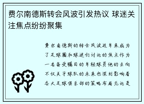 费尔南德斯转会风波引发热议 球迷关注焦点纷纷聚集 费尔南德斯转会风波引发热议 球迷关注焦点纷纷聚集